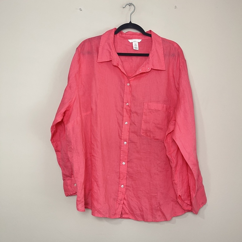 H&M Linen Button Front Collared Pink Coastal Grandma Summer Blouse Sz XXL